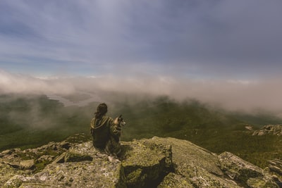 雾蒙蒙的山前，女人和狗坐在灰色的水泥岩层上